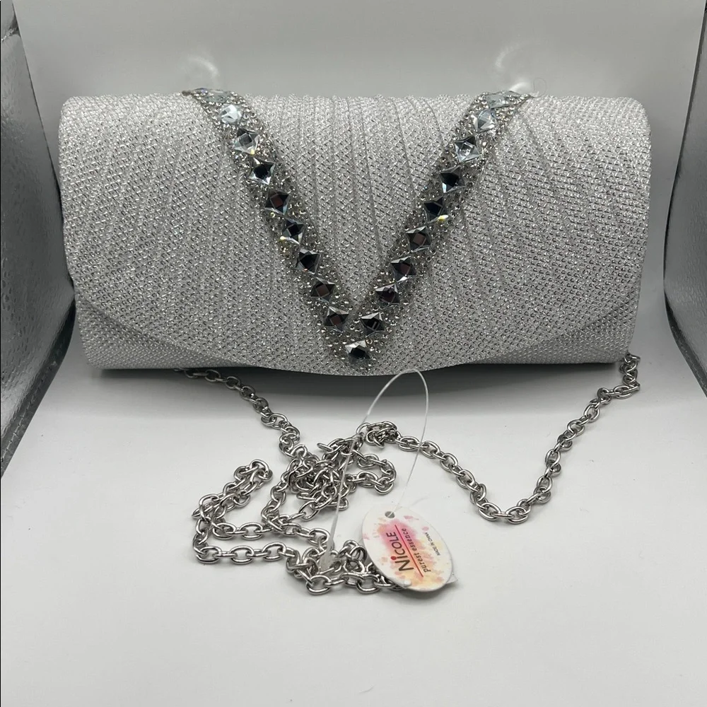 695. Silver Rhinestone Clutch with Crossbody Chain - Picture 2 of 4